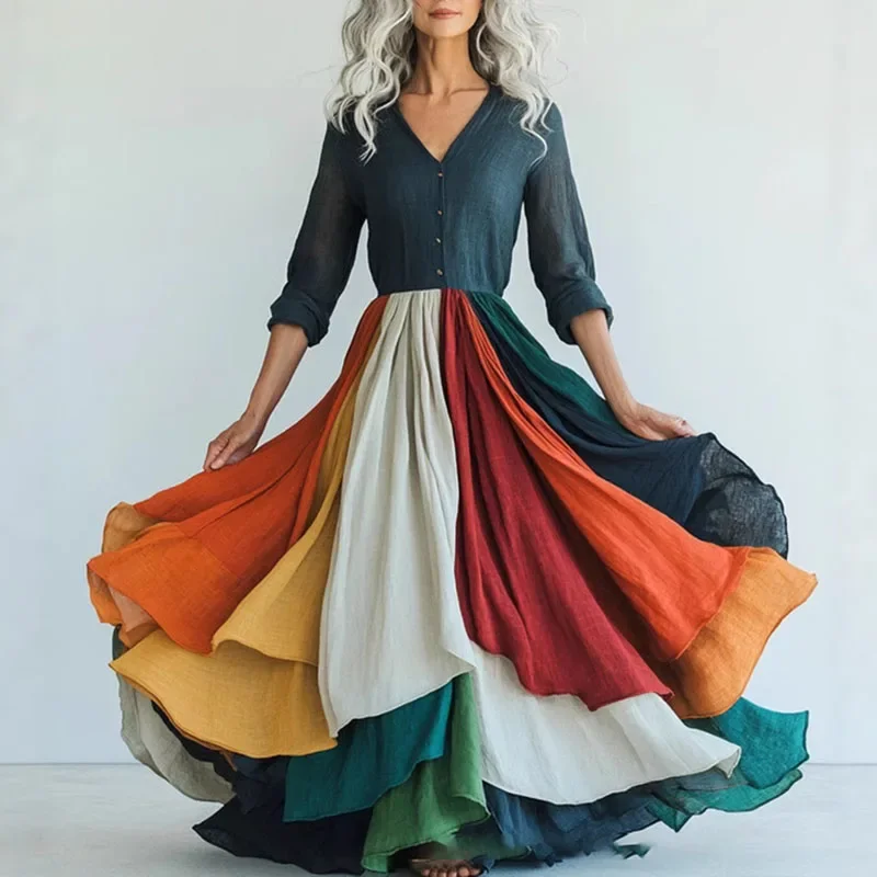 Retro Women V Neck Floral Print A-line Party Maxi Dresses Elegant Stripe Collision Wrinkles Vacation Lady Chic Evening Gown 2025