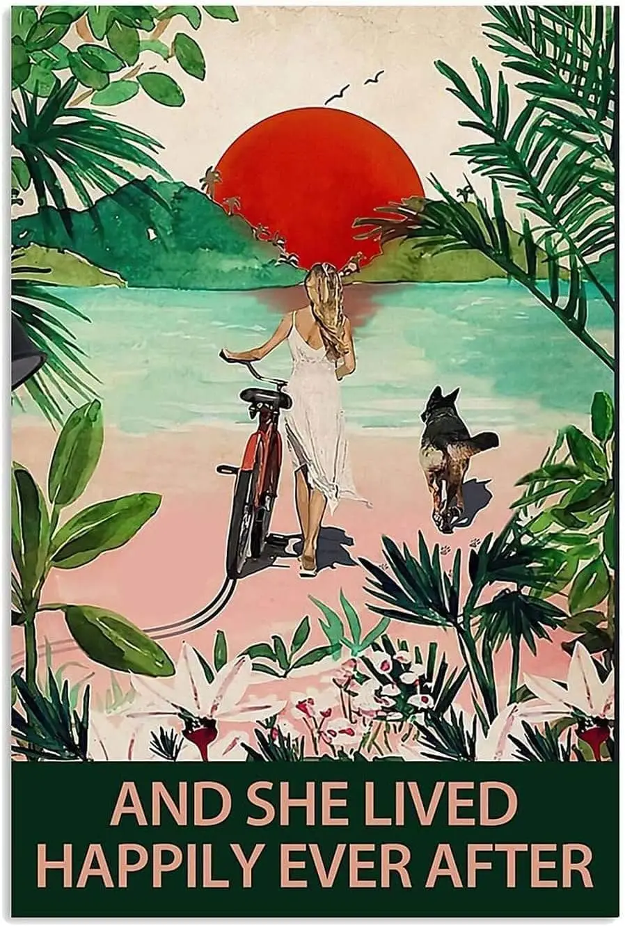 Retro Sign Tin Sign She Lived with German Shepherd On Beach and She Lived Happily Ever After Aluminum Sign Wall Decor Shed Garag