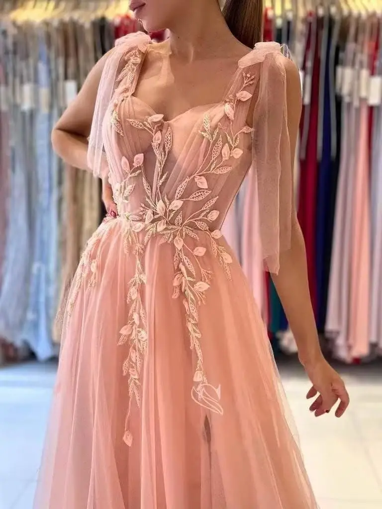 슬릿 스파게티 스트랩이 있는 튤 레이스 프롬 드레스, 포멀 이브닝 드레스, 스위트하트 볼 가운, 여성용 우아한 포멀 드레스