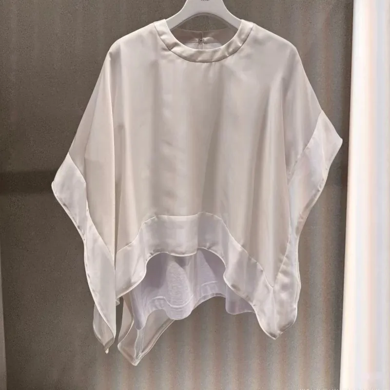 SAC Japanese 2026 Contrasting Square Towel Splicing Casual Loose Crew Neck Short Sleeve Top
