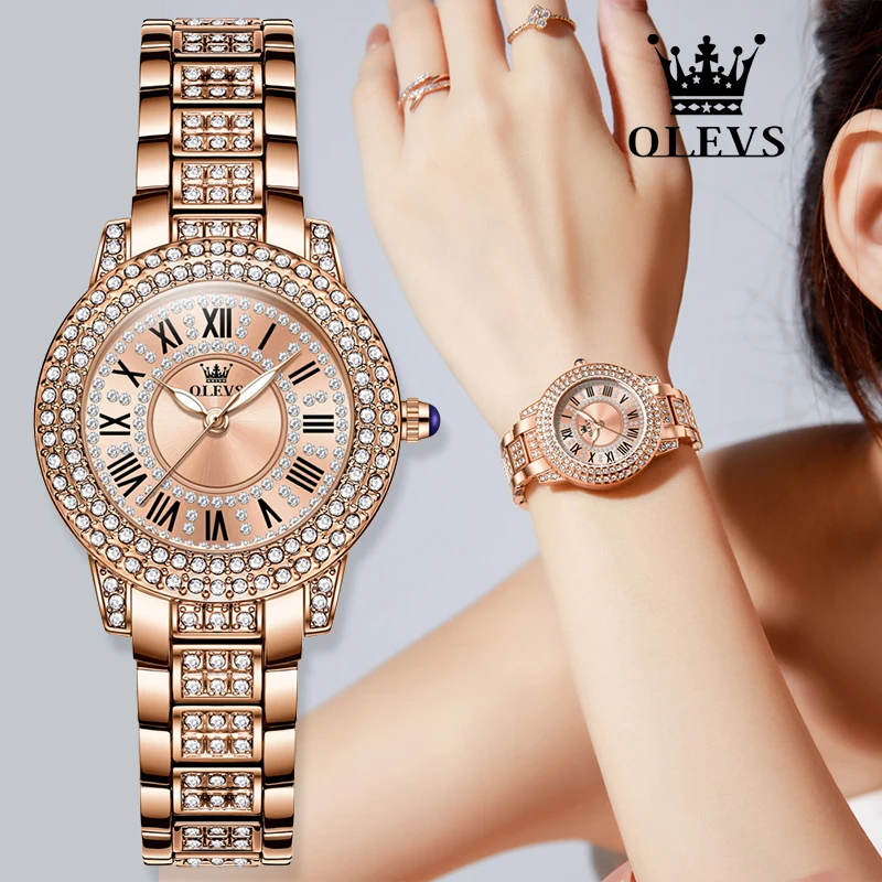 OLEVS Women's Watches Luxury Elegant Business Steel Diamond-set Wristwatch Luminous Original Brands Rose Quartz Gift For Ladies