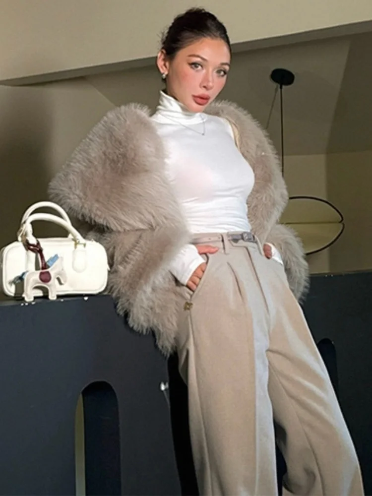 Trendix 2025 Autumn Winter Warm Faux Fur Women Fall Solid Fashion Large Lapels Jackets Femme Street Casual Vintage Short Coat