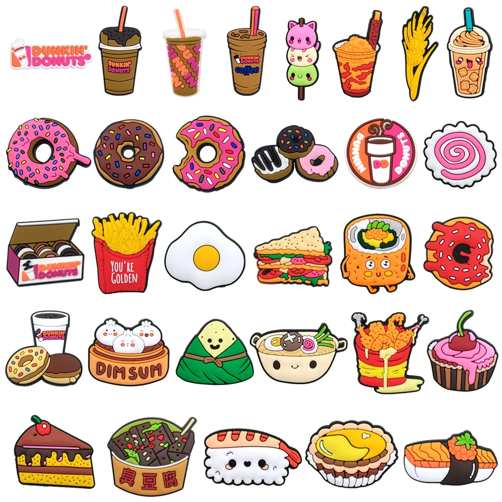 Shoe Charms For Shoe Decoration 31pcs Cute Food Cartoon Donuts Milk Tea Popular Shoe Accessories