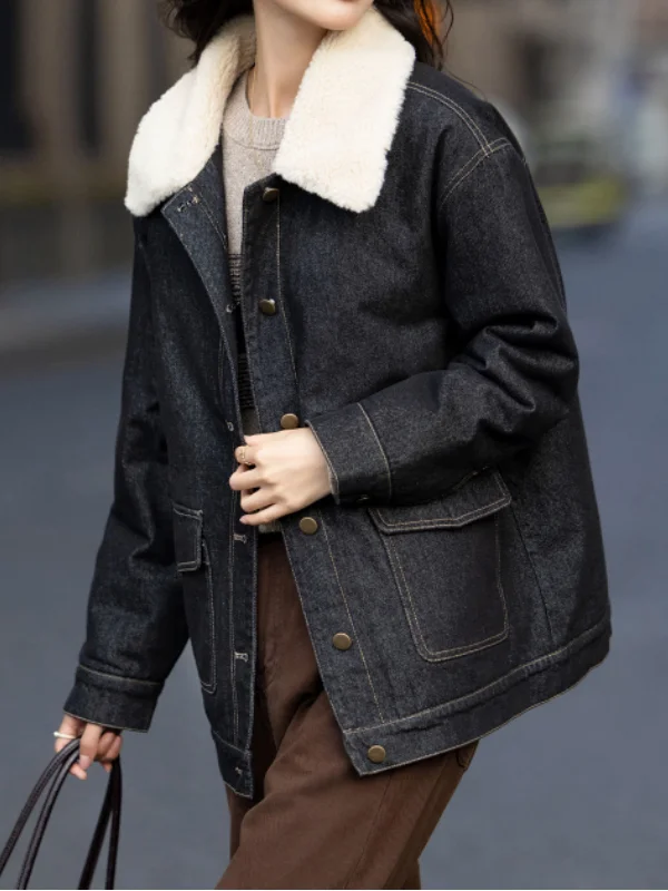 شتاء 2025 بلو طوق الدنيم القطن Jaet المرأة عادية زر واحد ort الدافئة ملابس خارجية علوية Thiened طويلة Sve C...