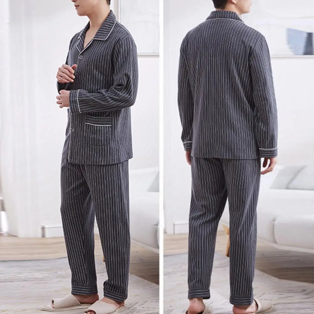 

Lapel Long Sleeve Pajama Set Striped Turn-down Collar Men's Pajama Set Comfortable Homewear with Loose Wide Leg Trousers for Men