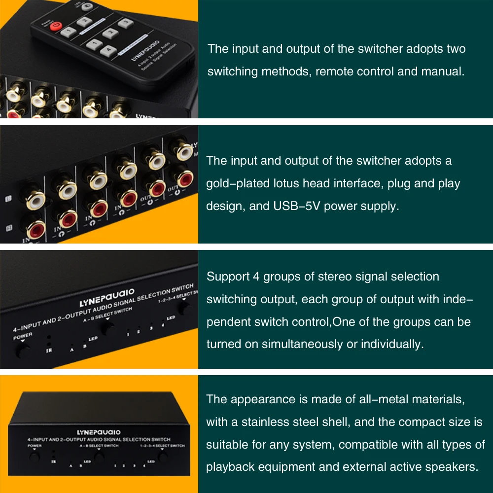 2024 new 4-in 2 or 2-in 4-out audio signal selection switcher\\with remote control switching function lossless RCA interface