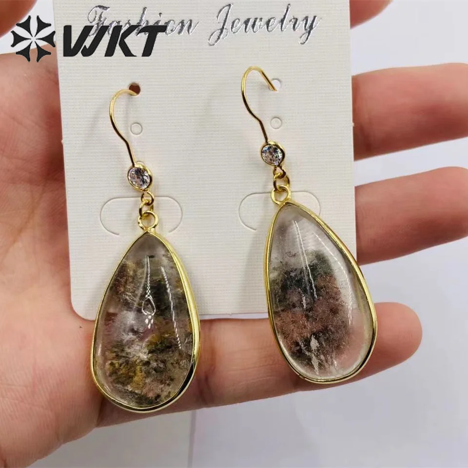 WT-E718 Wholesale High Quality Natural Stone Healing Moss Agate Earrings Teardrop Shaped Unique Design Women Charming Jewelry