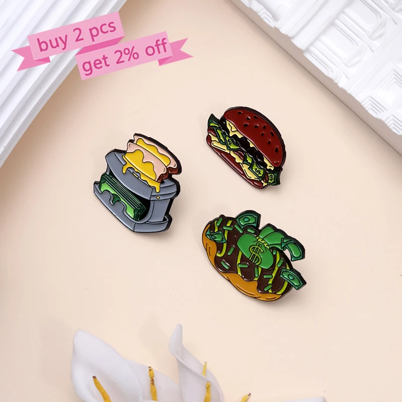 Creative Food Enamel Pins Custom Money Burger Bread Maker Brooches Lapel Badges Clothes Funny Jewelry Gift for Friends