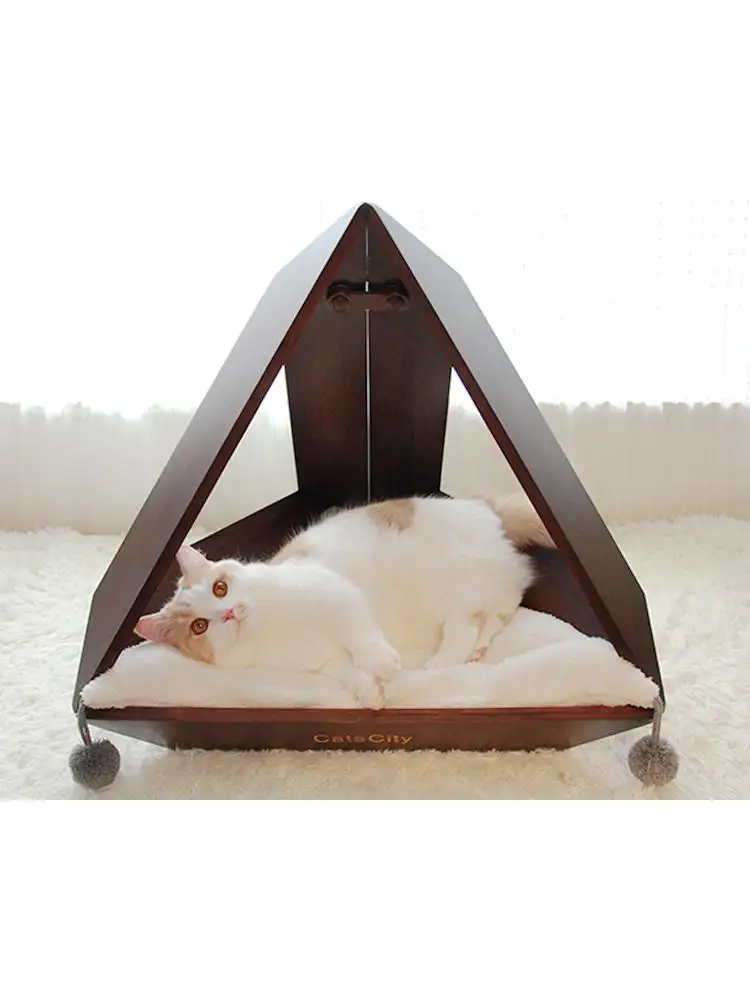 

Triangular Space Capsule Cat Litter, Bamboo Wood, Warm Bed with Cushion, Autumn and Winter