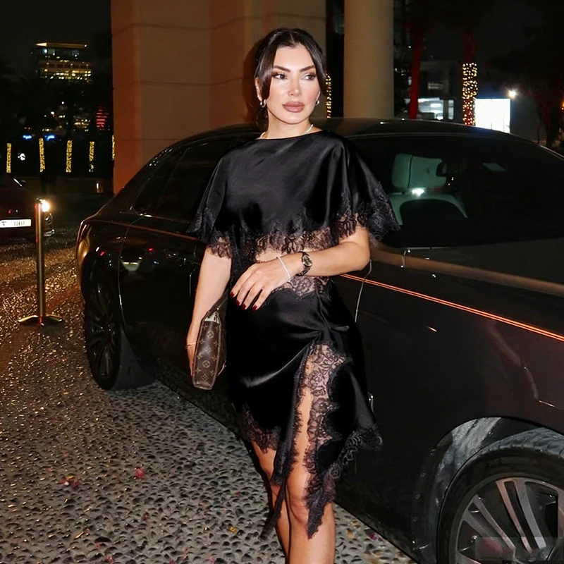 Sukienka z wycięciami z koronki dla kobiet, czarna, brązowa, sukienki midi, asymetryczna, seksowna sukienka wieczorowa damska, sukienka z rękawami typu peleryna, lato 2026