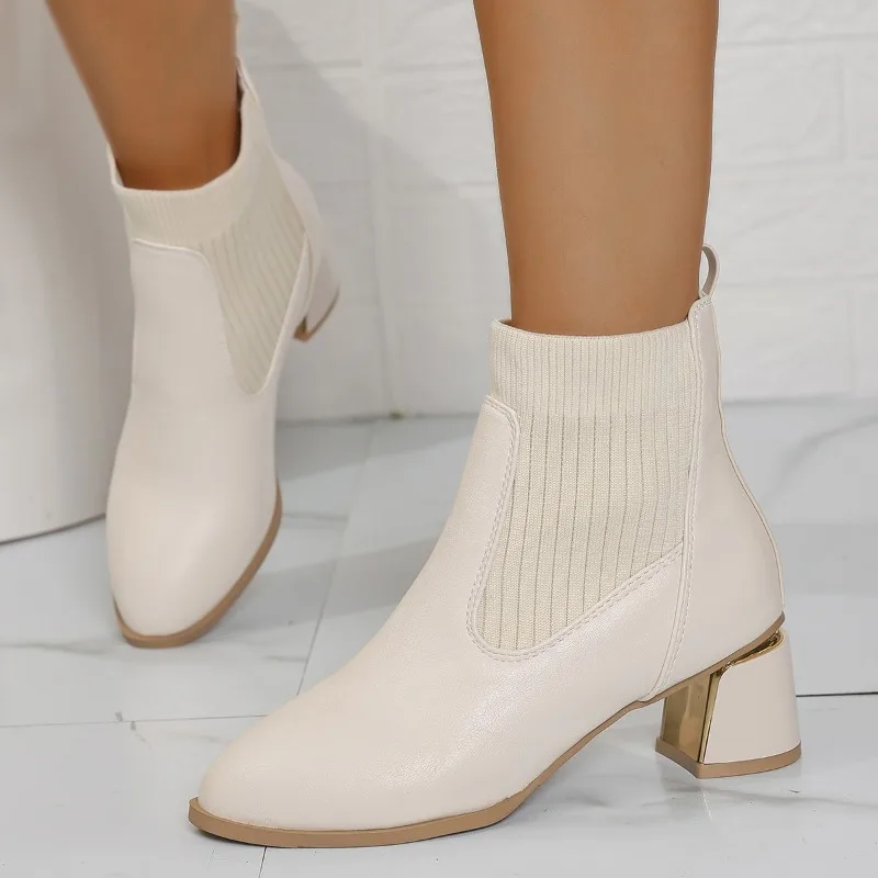 

Female Ankle Boots Black Leather Footwear Short Shoes for Women Elegant with Medium Heels Sock Booties Spring Autumn Waterproof