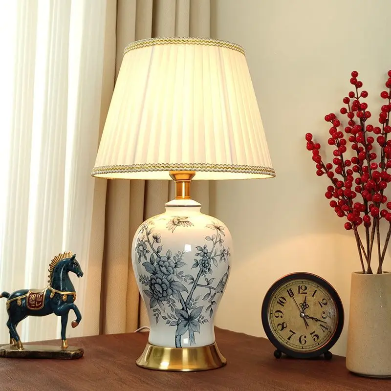 Designer Blue and White Porcelain LED Floor Lamps Fabric Lampshade Table Lamp Living Room Bedroom