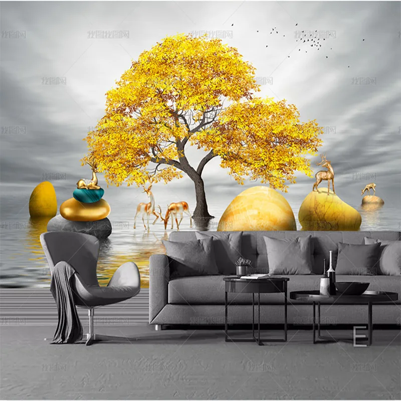 

Пользовательские 3D Новый Китай Золотая Дерево Лось Пейзаж Камень обои фреска ТВ гостиная фон стены papel DE parede спальня 8d