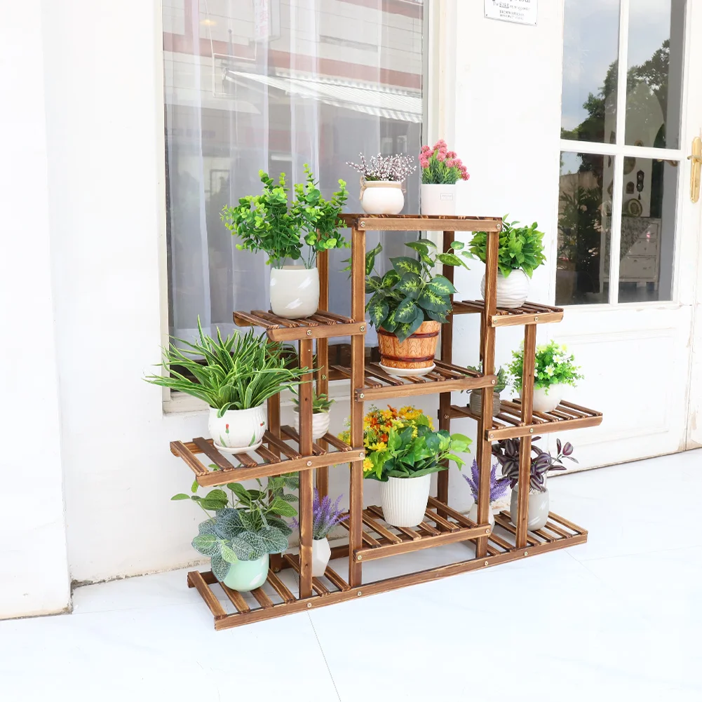 9 Tier Large Carbonized Wood Plant Stand Flower Pot Display Holder Shelf Indoor Outdoor