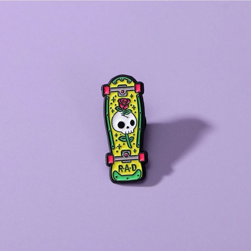Unisex Creative Cartoon Skull Rose Skateboard Brooch Alloy Enamel Pin Badge for DIY Clothes Bags Hat Scarf T-shirt Jeans Decor