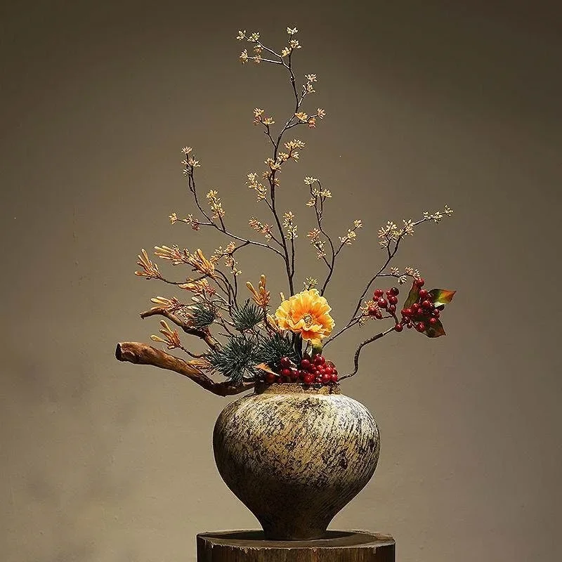 Wabi retro ceramic vase new Chinese zen Song's aesthetic simulation flower arrangement living room entrance homestay