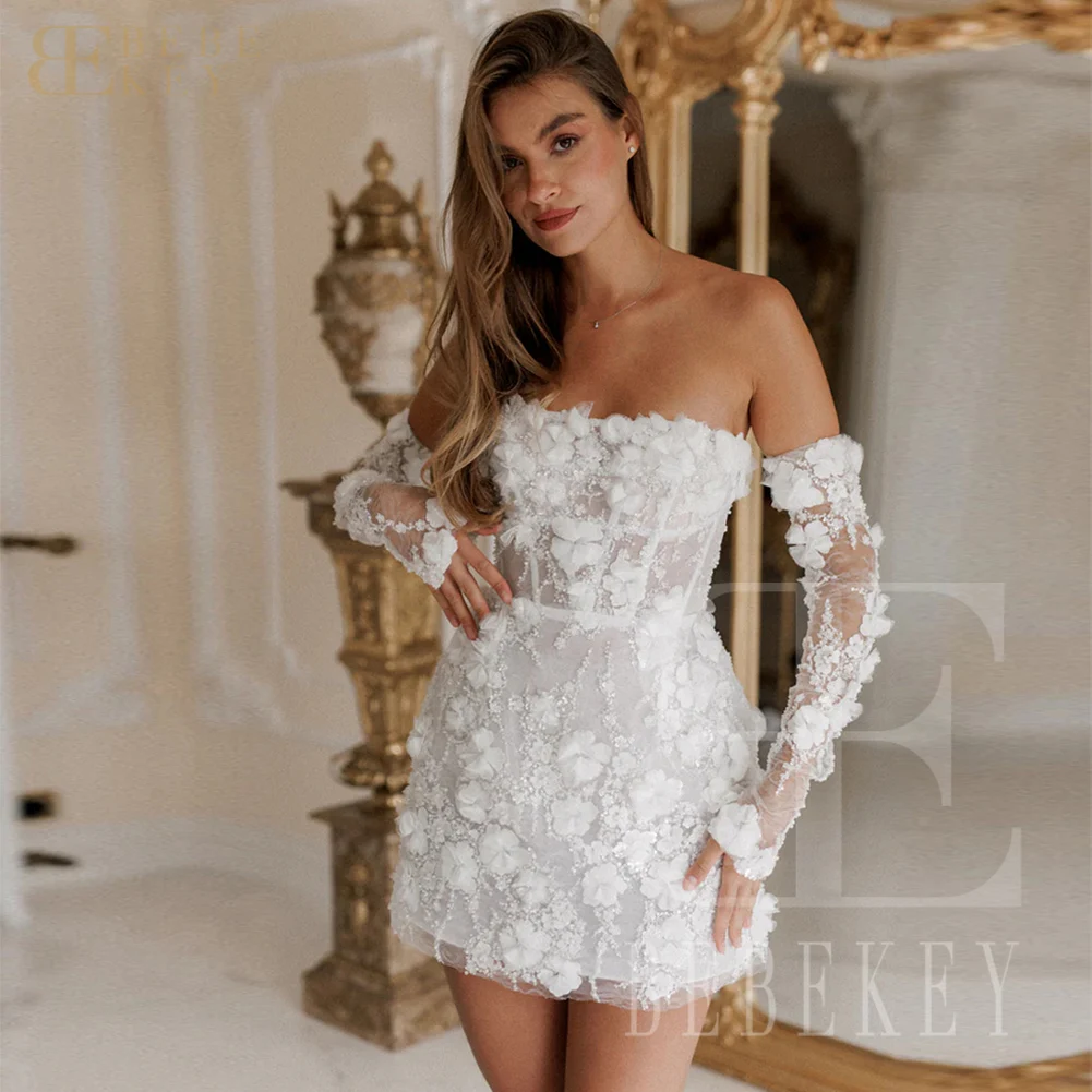 

BEBEKEY Sexy Mini Short Wedding Dress Luxury Beaded Lace Prom Gown New In 3D Flower Printing Evening Party Dress Bridal Dress