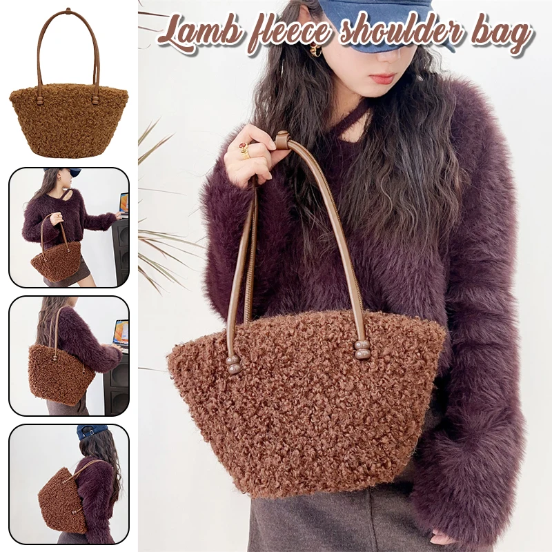 

Lamb Wool Plush Large Tote Bag For Women Trendy Faux Fur Shoulder Bag Shopping Handbags Shell Bag Design Shoulder Bag New