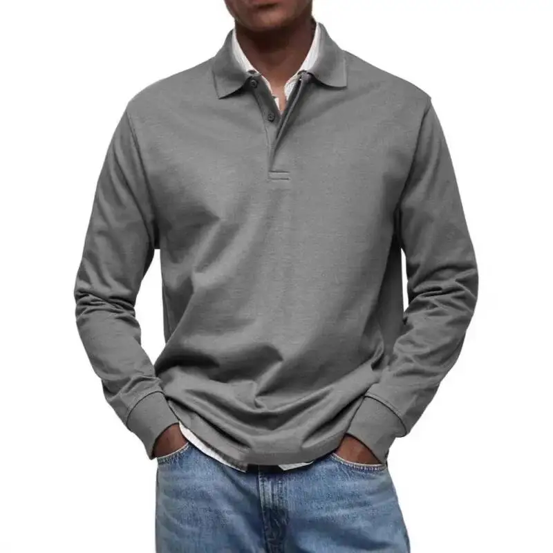 New European American Men's Casual Tees Versatile Long-Sleeved Button-Down Collar Shirt
