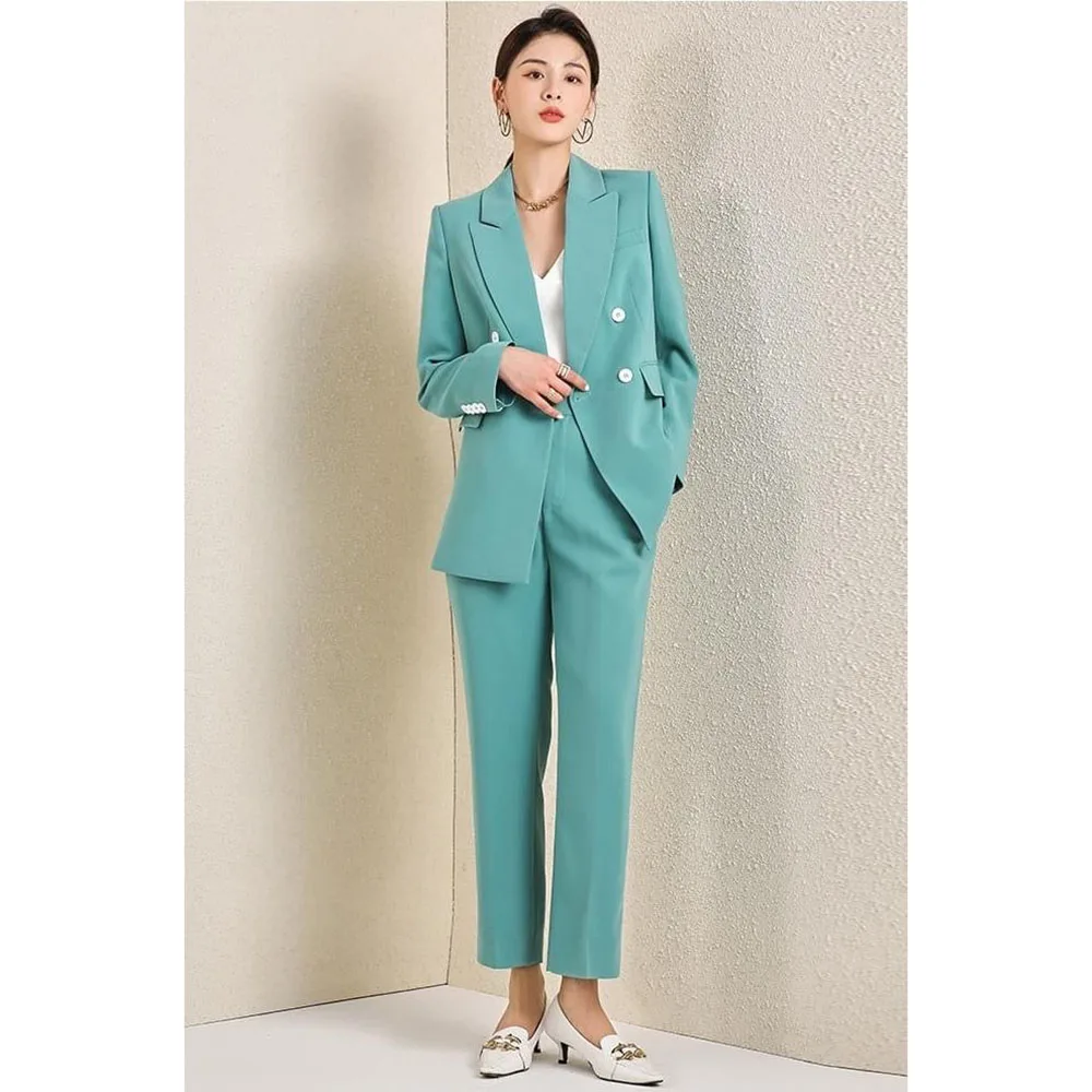 High Quality Blue Suits for Women Double Breasted 2 Pieces Jacket Pants Female Clothing Slim Fit Smart Office Lady Blazers Sets