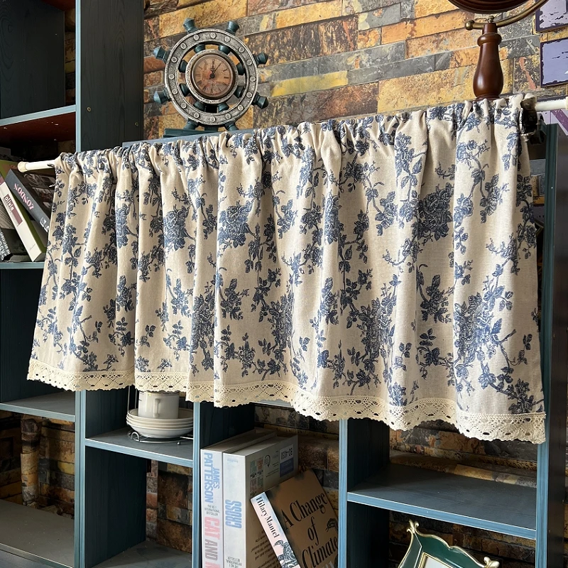 Linen Short Curtains Farmhouse Floral Pattern Cafe Curtains for Sink Kitchen Cabinet Curtains Bedroom Home Decor Window Valance
