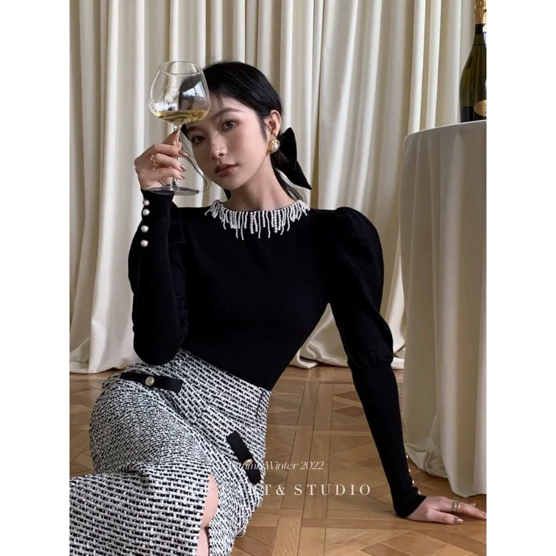 خريف شتاء تصميم جديد لؤلؤة شرابة المرأة سليم قاع سترة النمط الفرنسي الأعلى #2