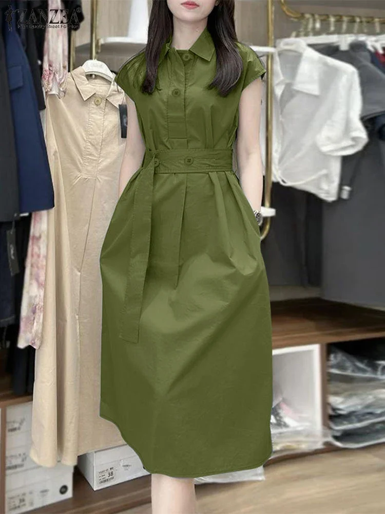 ZANZEA Donna Senza Maniche Ufficio Lavoro Vestito Estivo Elegante Cintura Camicia A Pieghe Abito Moda Tinta Unita Abiti Casual Abito Allentato