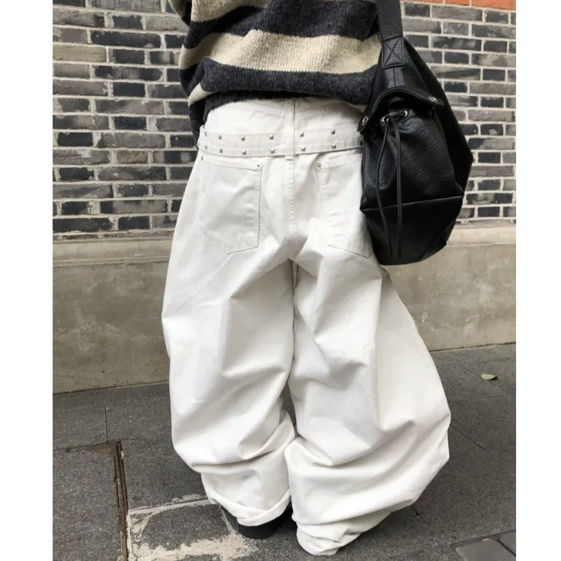 Retro Stud Rivet Back Waist Belt Design Loose Wide Leg Jeans Casual High Waist Long Cotton Denim Pants for Women Black
