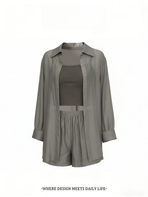 

Korean Style Women's Three-Piece Set Summer New Sun Protection Shirt Strap Vest Shorts Outfit Fashionable Commute Wind Light ...