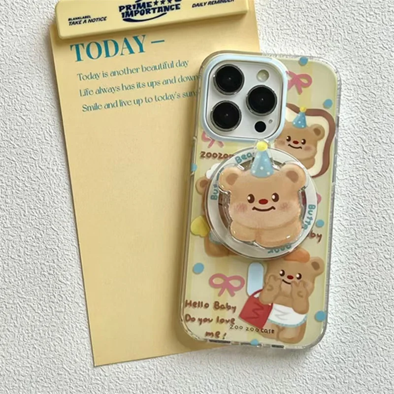 

Magnetic Bread Brown Bear Phone Case with Cute Bear Magnetic Bracket for iPhone 11 12 13 14 15 16 pro max