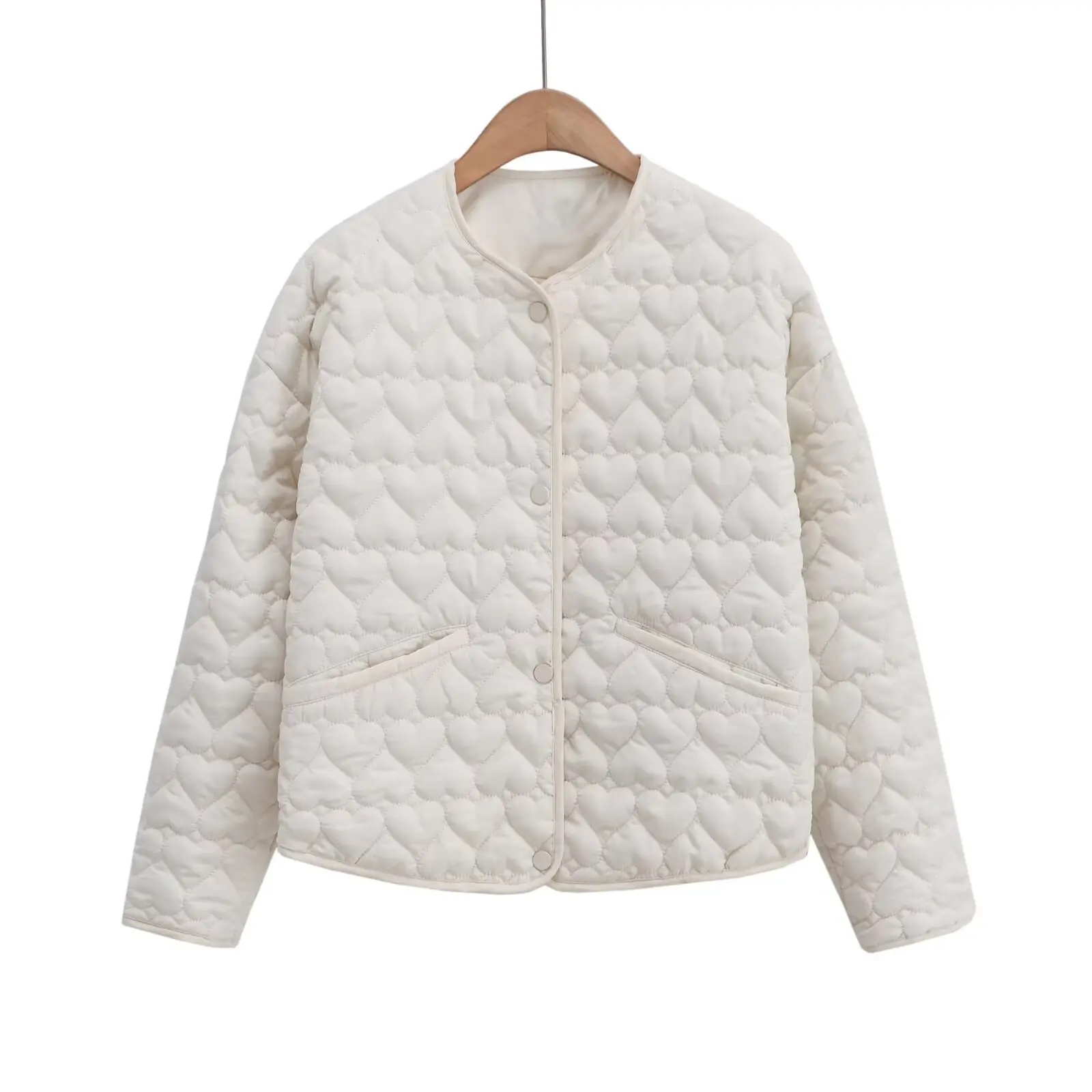 Classy Heart Quilted Jacket Round Neck Button Down Long Sleeve Pockets Loose Fit Korean Preppy Casual Winter Outerwear Lady Coat