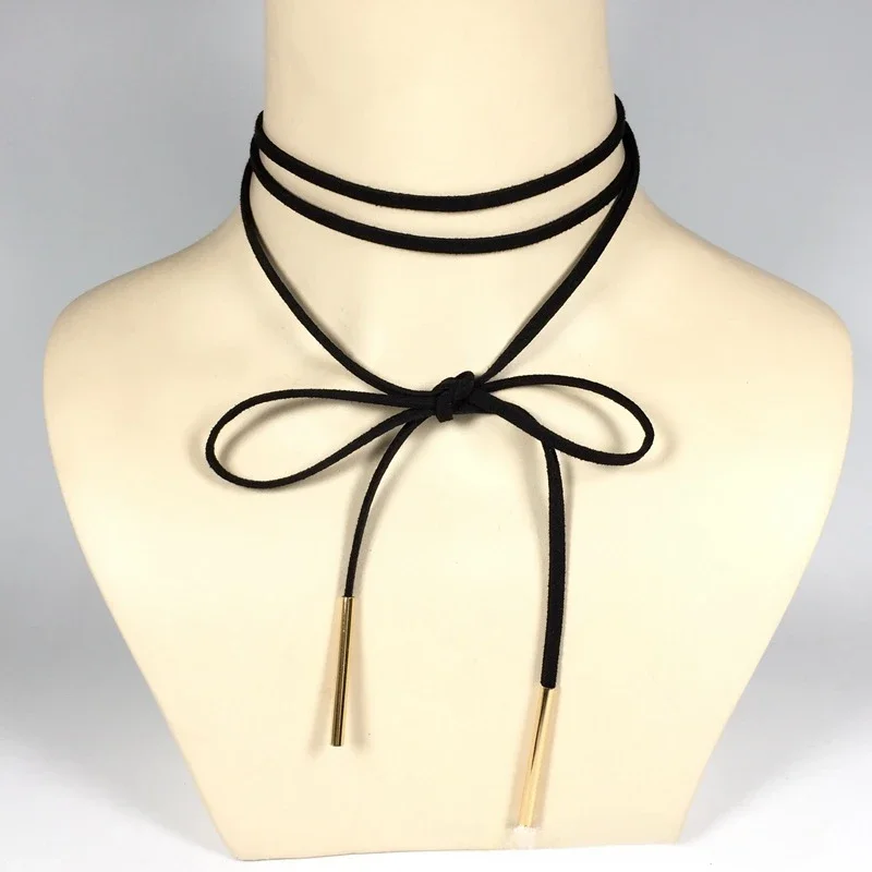 Retro Charm Black Lace Flannel Geometric Wavy Line Shape Metal Chain Double Layer Choker Necklace for Women Punk Y2K Jewelry