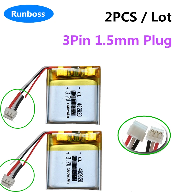 2pcs 3.7V 160mAh Polymer Li Lipo Battery 402020 3 Wires JST 3Pin 1.5mm Plug For Mouse Bluetooth Smart Watch Electronic Device