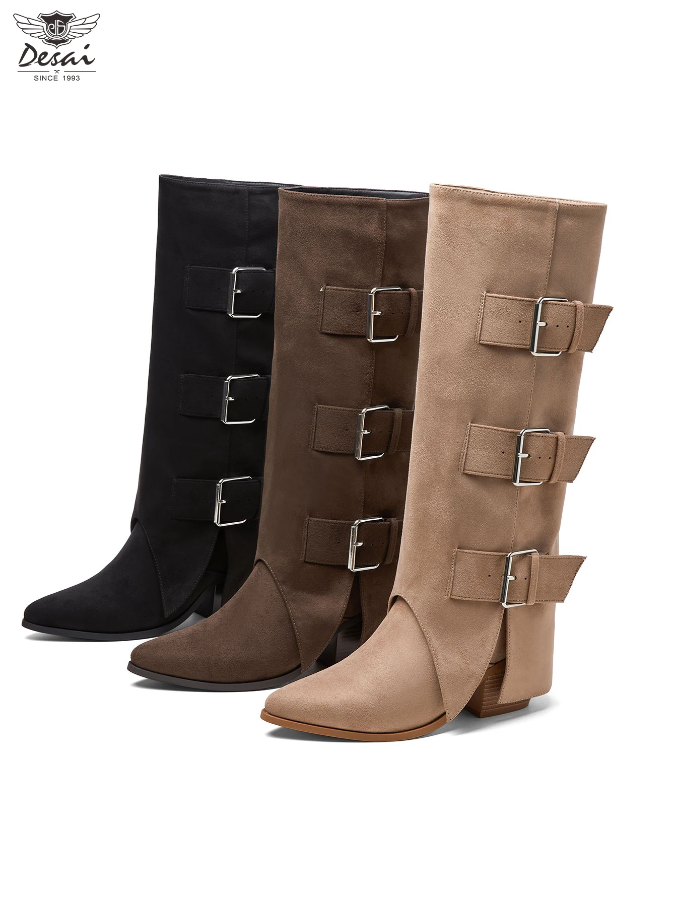 Belt Buckle Motorcycle Women's Boots European and American Style, Chunky Heel, High Tube Fashion Boots, Slouchy Boots, High Tube
