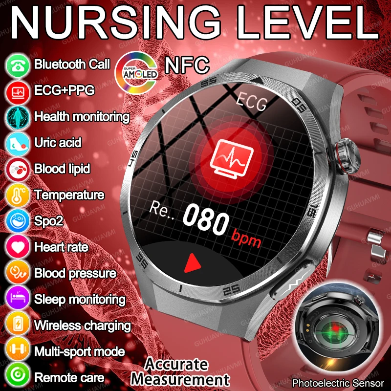 2026 جديد GT6 Pro مستوى التمريض ساعة ذكية ECG + PPG ضغط الدم الدهون في الدم حمض اليوريك تستر ساعة NFC HD دعوة الساعات الصحية
