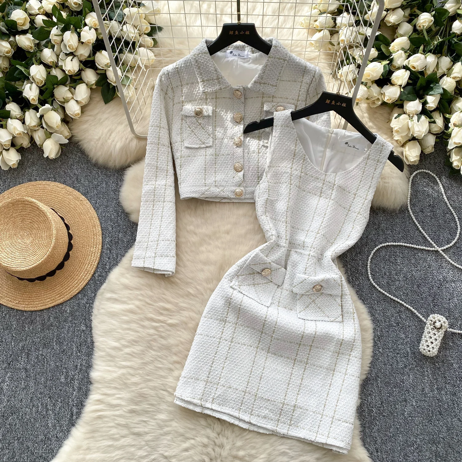 

Шикарные винтажные карманы с длинными рукавами и пуговицами, корейская модная осенне-зимняя женская одежда, платье, комплект из двух предметов