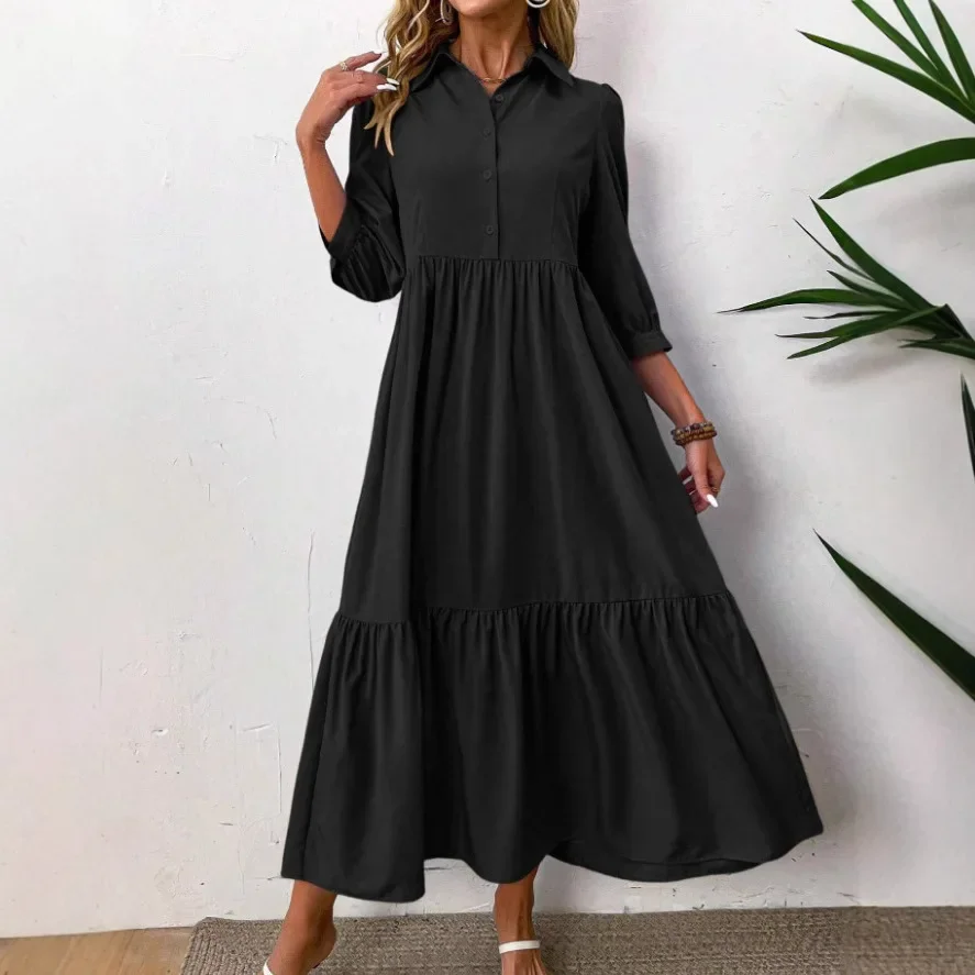 Moda feminina manga comprida solta e estilo de emagrecimento vestido camisa longa senhoras casual cor sólida lapela vestido de deslocamento