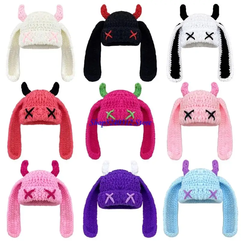 

634C эластичная шапка без полей с длинными ушками, вязаная плюшевая шапка, пуловер, шляпа для праздника, зимняя теплая женская