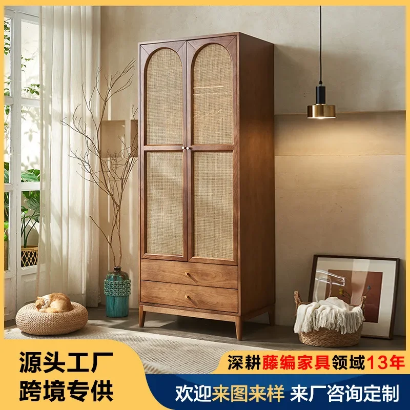 Nordic solid wood rattan wardrobe Japanese retro small apartment bedroom home locker modern simple storage wardrobe