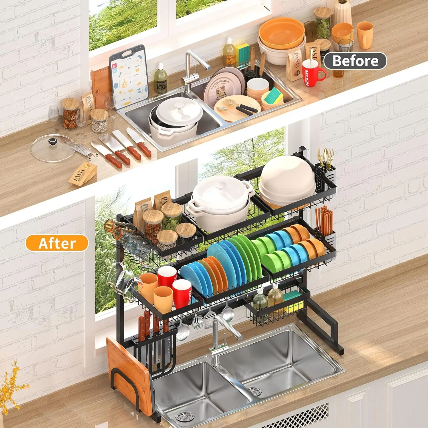 Dish Drying Rack3 Tier, 2 Cutlery Holders Adjustable Dish Drainer, Stainless Steel Space Save Shelf