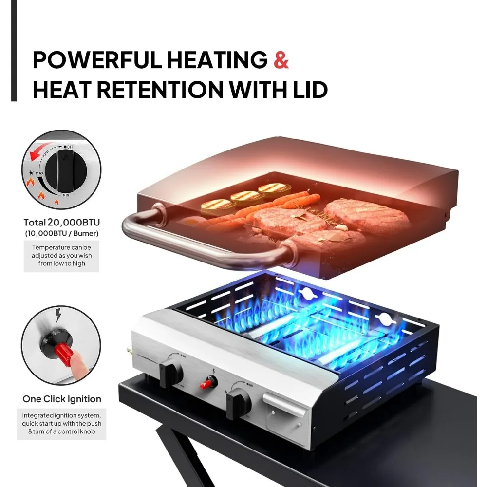 D12Foldable Flat Top Grill With 2 Burners, 20,000 BTU Gas Grills, Enamel Griddle, Side Shelf & Portable Cart For Outdoor Cooking
