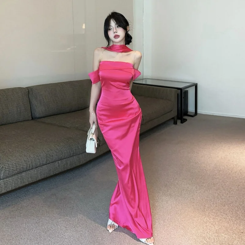 

C322Европа и Америка 2026 Оптовая трансграничная торговля: Длинное атласное платье без бретелек, с открытой спиной, на молнии, цвета розовой розы