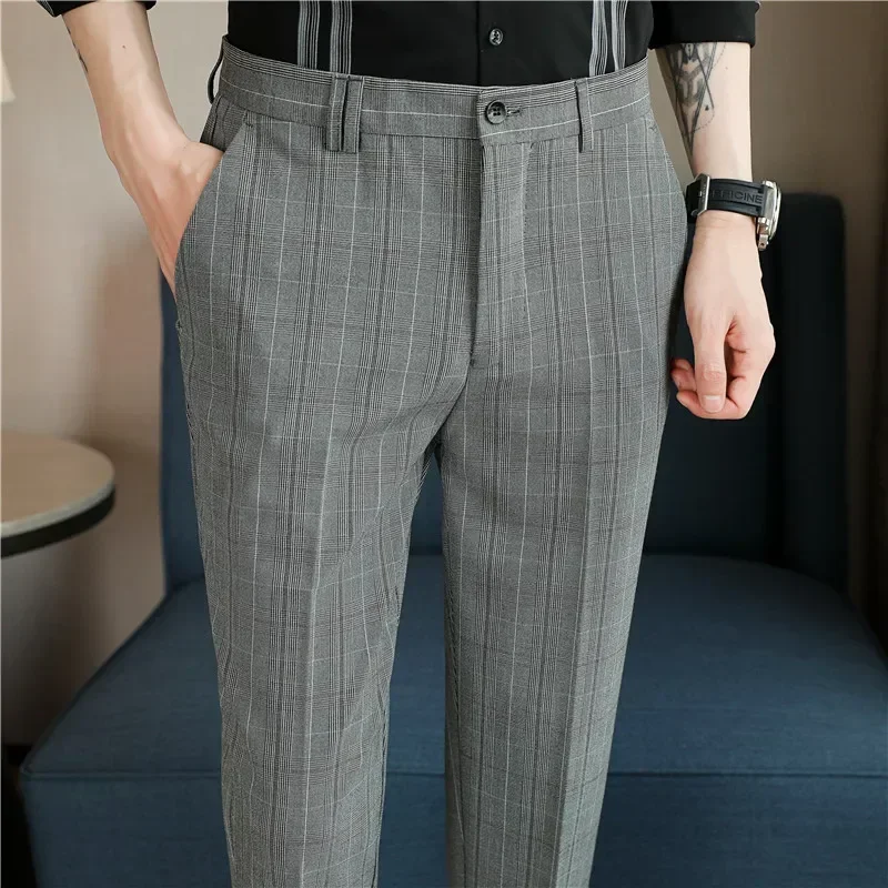 2024 New Gray Plaid Suit Pants Men, Fashionable Slim Streaks Trousers Korean Navy Blue Pantalones Hombre, 28-32,33,34,36,38