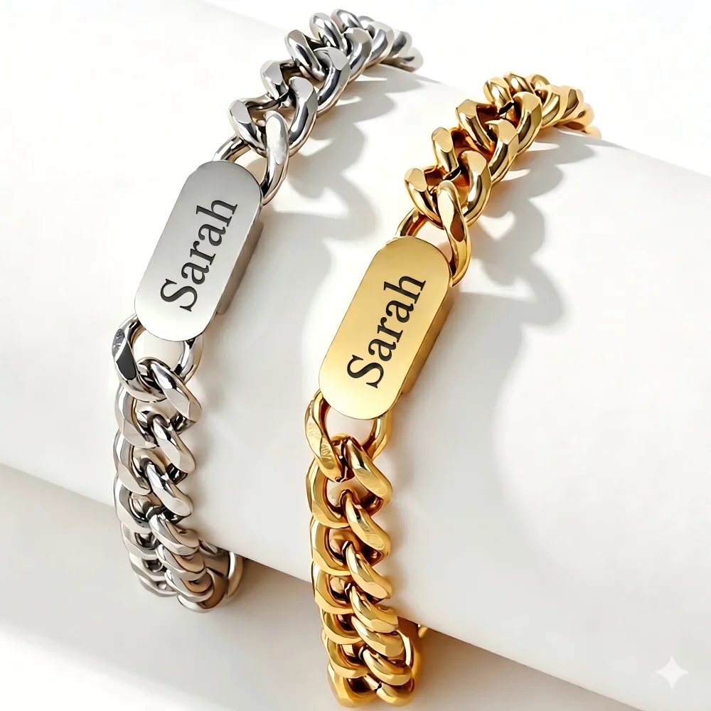 DOREMI Personalized Engraved Name Bracelet Stainless Steel Thick Cuban Link Chain Blank ID Bar Custom Minimalist Hiphop Jewelry