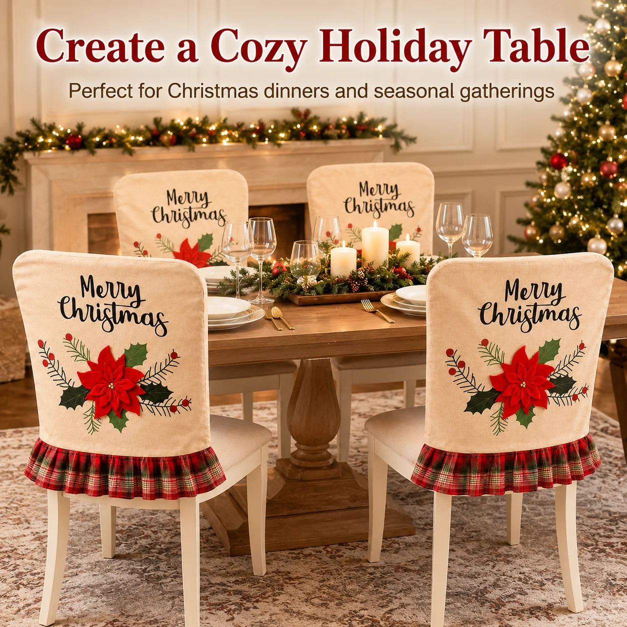 Christmas chair cover with magenta checkered ruffles, Merry Christmas linen dining chair cover, Christmas table decoration