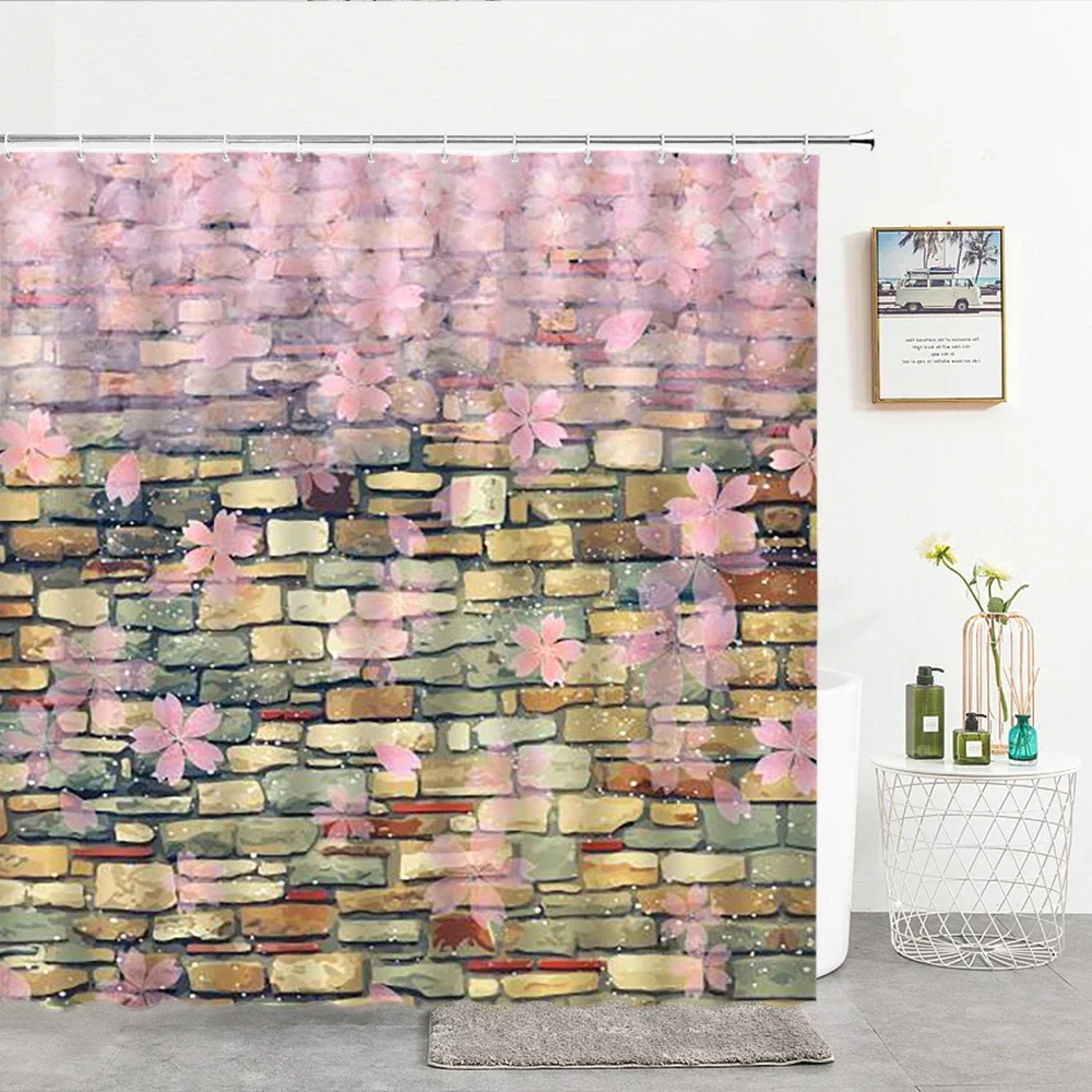 Flower Rock Old Wall Printed 3d Bath Curtains Polyester Cloth Waterproof Washable Bathroom Shower Curtain Screen With Hooks