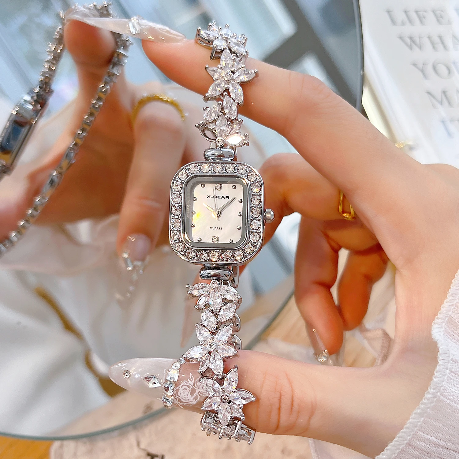 X-GEAR Women's Quartz Watch - Crystal-Embedded Steel Bracelet, Designer Square Wristwatch