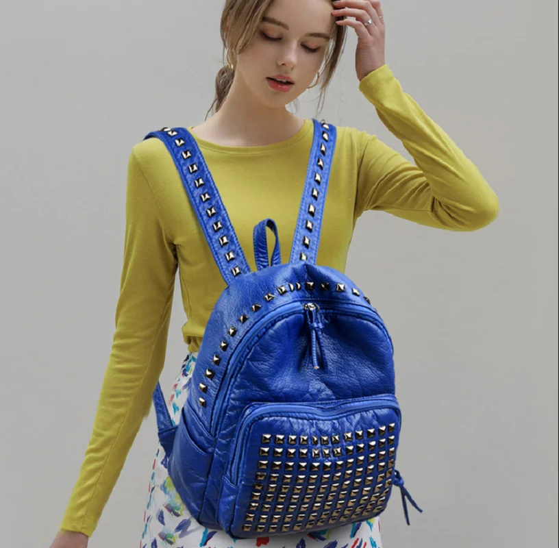 Korean Luxury Women's High Quality Leather Travel Backpacks Fashion Rivet Designer Double Zipper Shoulder Bags Crossbody Bag