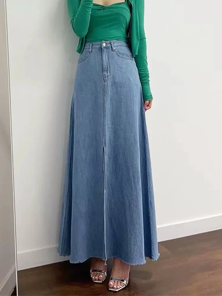 Koreaanse Chique Zomer Gewassen Blauwe Denim Rok Retro Stijl Hoge Taille Voorkant Slit Rok Met Rauwe Rand A-Lijn Lange Rokken Voor Vrouwen