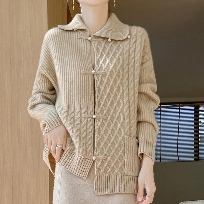 

Autumn and winter new POLO neck twisted flowers 100% pure wool cardigan female pearl button sweater coat sweater